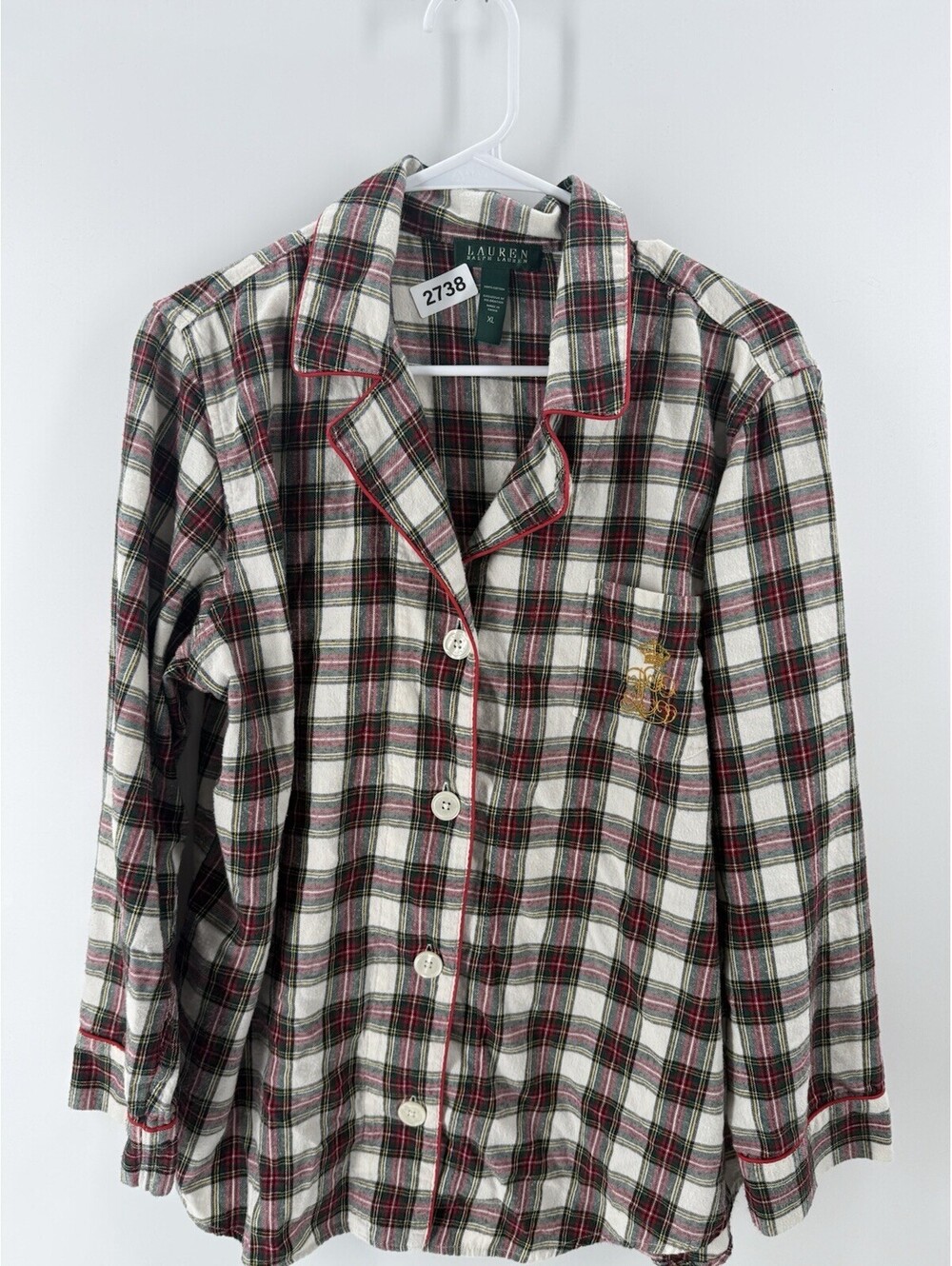 Lauren Ralph Lauren Plaid Flannel Night Shirt Gown Monogram Leopard Collar XL